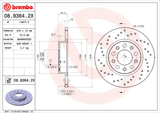 Bušeni kočioni disk Zadnji BREMBO ALFA ROMEO, FIAT, JEEP - Slika 4