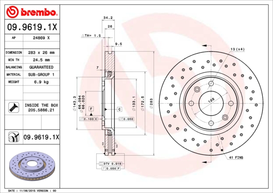 Bušeni kočioni disk Prednji BREMBO CITROEN, OPEL, DS 283x26 - Slika 4