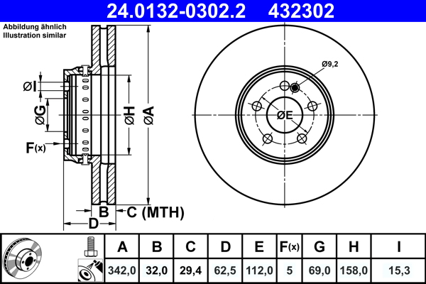 Kočioni disk Prednji 342x32mm MERCEDES CLS (C257), E (A238), E (C238), E (W213), E T-MODEL (S213), GLC (C253), GLC (X253) od 2015- / ATE 24.0132-0302.2