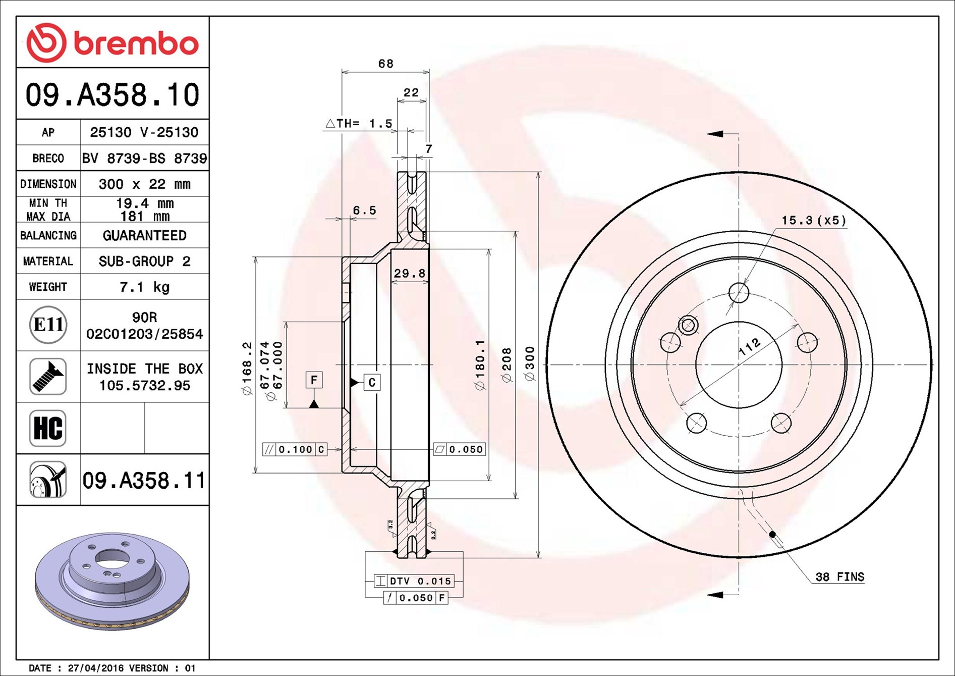 Kočioni disk Zadnji BREMBO MERCEDES-BENZ E-CLASS 300x22 - Slika 4