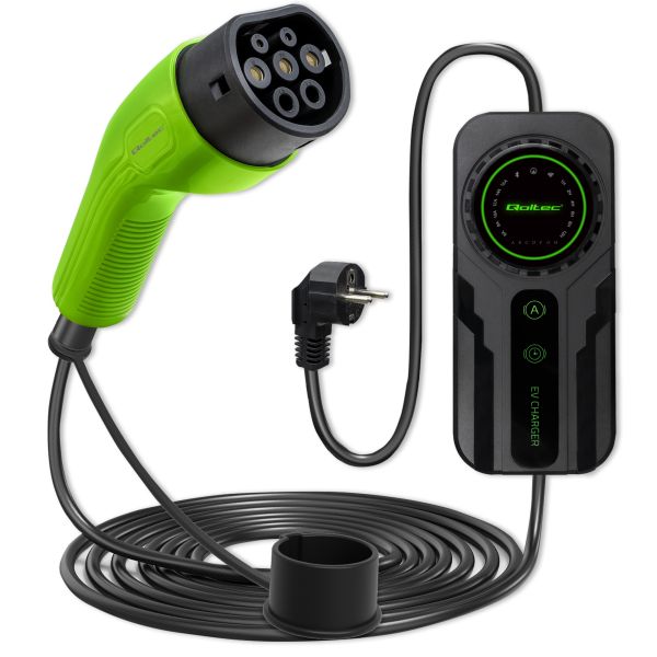 Mrežni punjač, EVSE prenosni punjač Qoltec 52468, broj faza: 1, 3,7kW, boja: crna/zelena, kabel tip 2 (s poklopcem), QOLTEC QOL52468