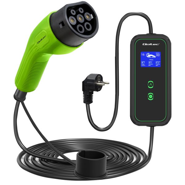 Mrežni punjač, EVSE prenosni punjač Qoltec 52470, broj faza: 1, 3,7kW, boja: crna/zelena, kabel tip 2 (s poklopcem; zidni nosač), QOLTEC QOL52470