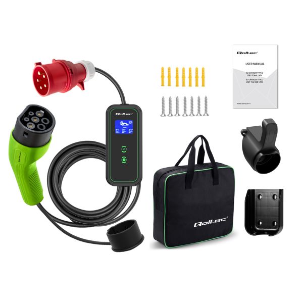 Mrežni punjač, EVSE prenosni punjač Qoltec 52475, broj faza: 3, 11kW, boja: crna/zelena, kabel tip 2 (nosač utikača; s poklopcem; zidni nosač), QOLTEC QOL52475