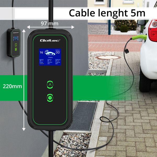 Mrežni punjač, EVSE prenosni punjač Qoltec 52475, broj faza: 3, 11kW, boja: crna/zelena, kabel tip 2 (nosač utikača; s poklopcem; zidni nosač), QOLTEC QOL52475