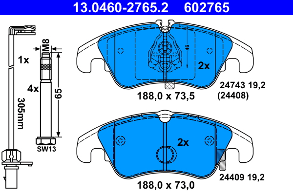 Garnitura disk pločica, napred, kočioni sistem: Lucas / TRW, Vozila: AUDI A4 ALLROAD B8, A4 B8, A5, A6 ALLROAD C7, A6 C7, A7, Q5 1.8-4.2 136-450 od 2007-2018; ATE 13.0460-2765.2