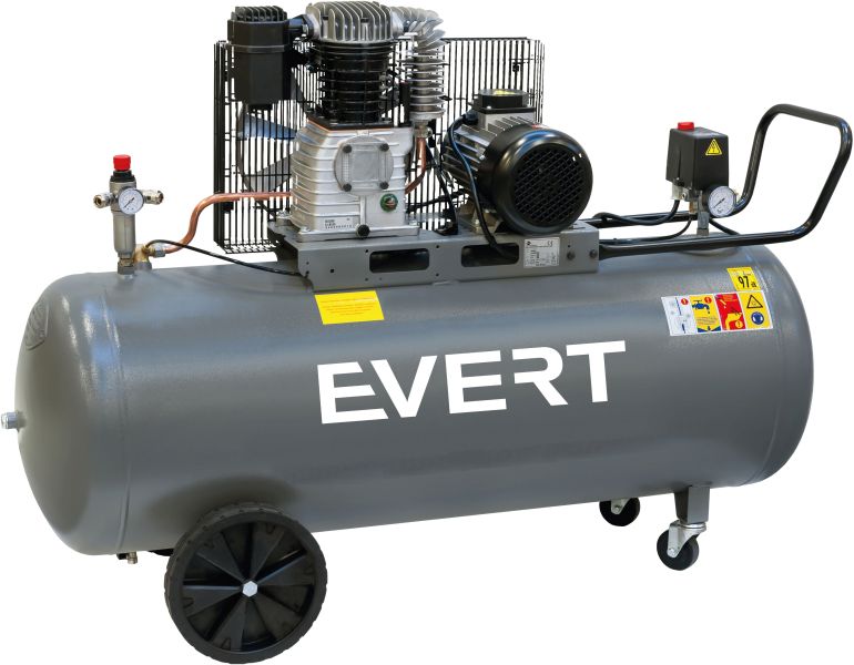 Klipni kompresor EVERT, nazivna snaga; 2,2kW, pritisak u barima; 10bar, spremnik; 150l, napon; 230V, učinkovitost; 460l/min, broj klipova; 2kom.,razina buke; 97dB; EVERT EVERT460/150K/230V