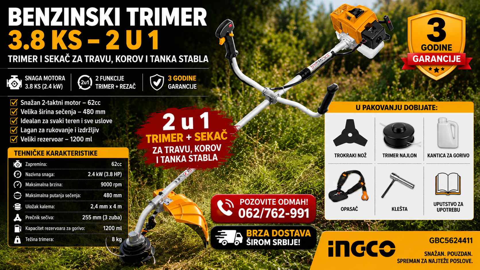 Benzinski trimer za travu i žbunje od 2,4 KW , INGCO GBC5624411