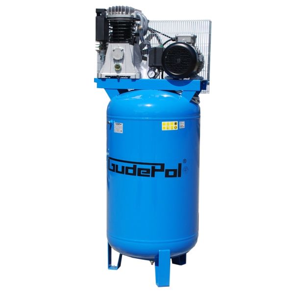 Klipni kompresor GUDEPOL serija Blue, nazivna snaga; 3kW, pritisak u barima; 10bar, spremnik; 200l, napon; 400V, učinkovitost; 510l/min, broj klipova; 2kom.,razina buke; 80dB; GUDEPOL GDVP38-200-510/3