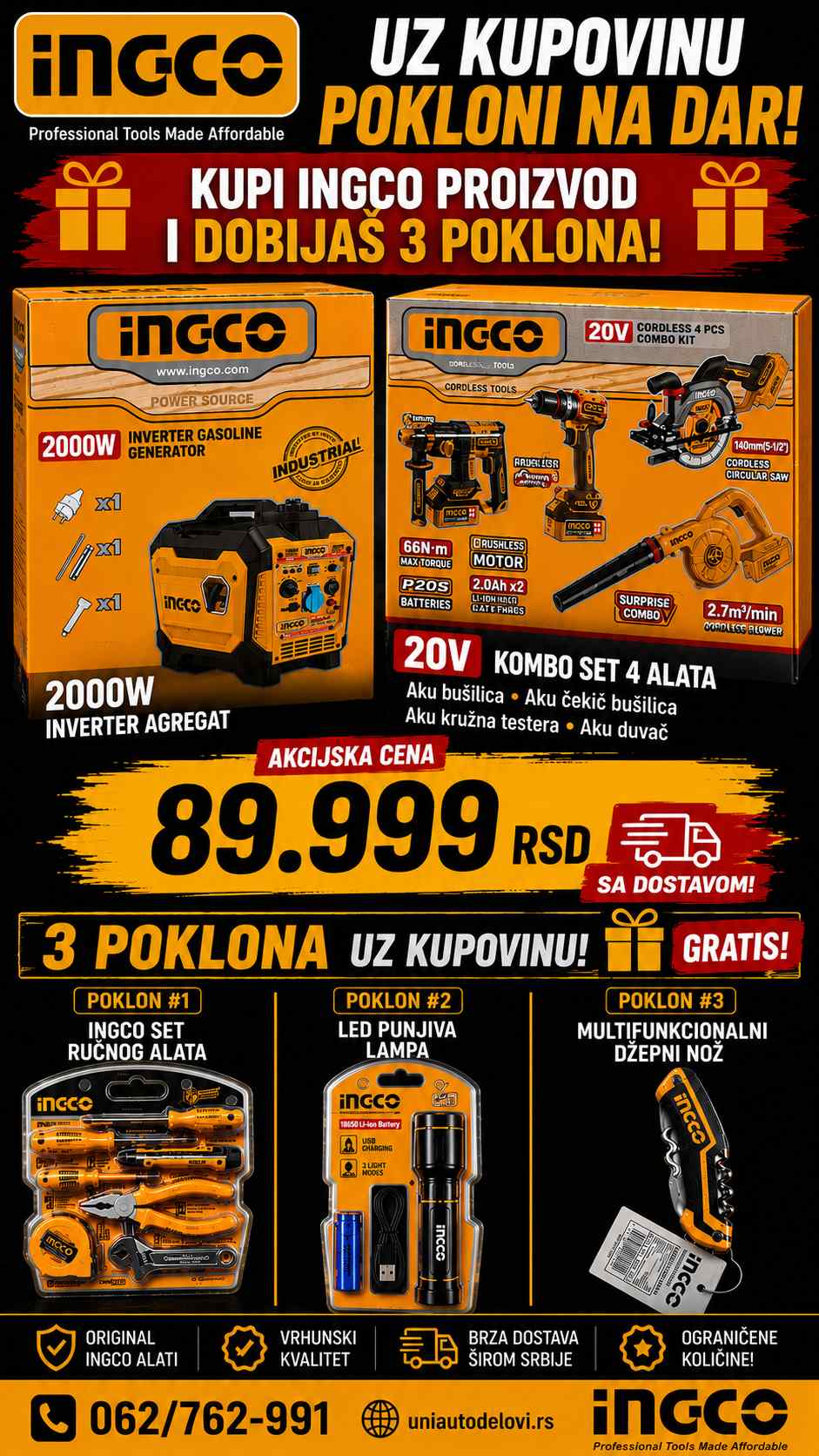 Ingco AKU SET 4/1 SUPER INGCO COSLI250695E + 2KW Agregat za Struju Inverter – GEI23006 INVERTER GENERATOR 2KW SUPER INGCO