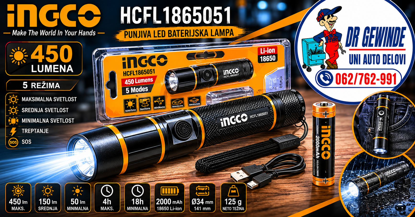Baterijska Lapmpa INDUSTRIAL / 2000 mAh 18650 Li-ion baterijom INGCO HCFL1865051