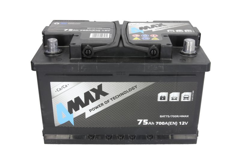 Baterija 4MAX 12V 75Ah/700A (D+ standardni polovi) 278x175x175 B13 - letvica 10,5 mm (pokretački); 4MAX BAT75/700R/4MAX