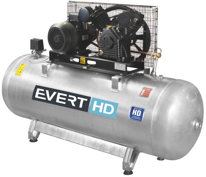 Klipni kompresor EVERT serija HD, nazivna snaga; 5,5kW, pritisak u barima; 10bar, spremnik; 500l, napon; 400V, učinkovitost; 900l/min, broj klipova; 2kom.,razina buke; 80dB, pocinčani spremnik; EVERT EVERTHD75-500-900