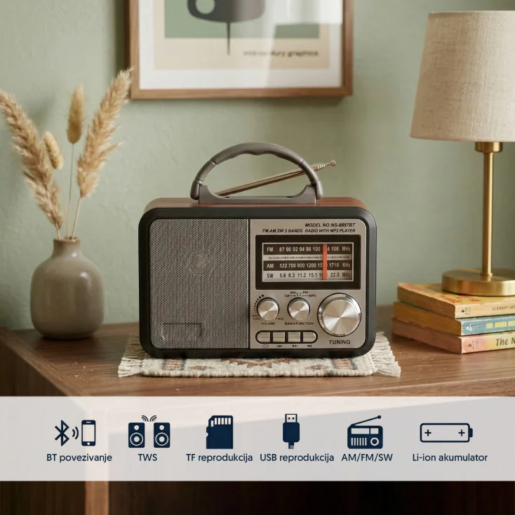 Prenosni retro Bluetooth radio 8897BT/B NS-8897BT/B