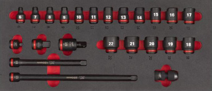 Uložak sa alatom za kolica, 6 kutna udarna gedora(e) / udarni adapter(i) / udarni produžetak/ci / udarni univerzalni zglob(ovi) veličina spoja: 3/8",, 23kom., MILWAUKEE 4932493388