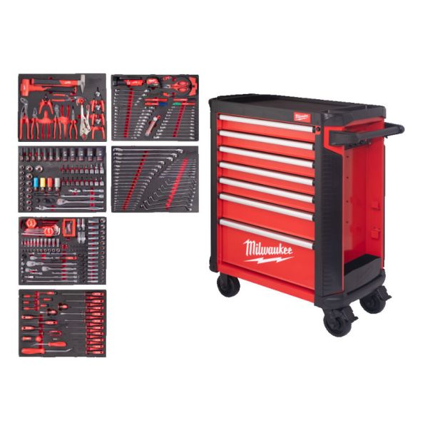 Kolica sa alatom, broj alata 337 kom., broj punih ladica 6, tip umetka ladice: pena, serija TOOLGUARD™, boja crvena (ukupan broj ladica: 7), MILWAUKEE 4932500753