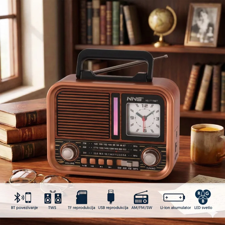 Prenosni retro RGB Bluetooth radio + sat 7778BT/B; NS-7778BT/B