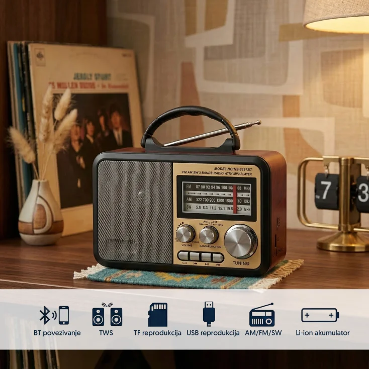 Prenosni retro Bluetooth radio 8897BT/C; NS-8897BT/C
