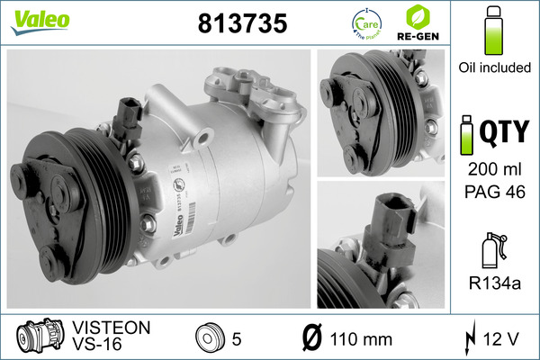 Kompresor klime VS-16 VALEO, promer remenice 110mm, 12V ZA: VOLVO C30, S40 II, V50; FORD C-MAX, FOCUS C-MAX, FOCUS II 1.4-2.0ALK od 2003.-2012. VALEO VAL813735